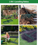 Lawn Leveling Rake, 2 Pack Heavy Duty Lawn Leveler with 30"x10" Ground Plate n 17'' Bow Head,78” Adjustable Long Handle,Level Yard Tool for Grass,Golf Field,Level Soil or Dirt Ground Surfaces-Green