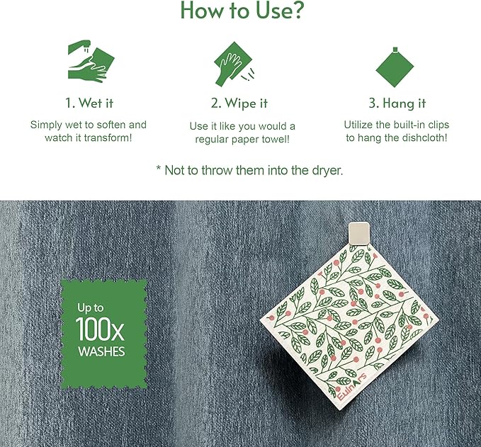 Swedish Dishcloths for Kitchen, 8 Pack Green Reusable Paper Towels with Clips, Non-Scratch Swedish Kitchen Towels, Super Absorbent Cellulose Sponge Cloths, Dishwasher Safe, No Odor