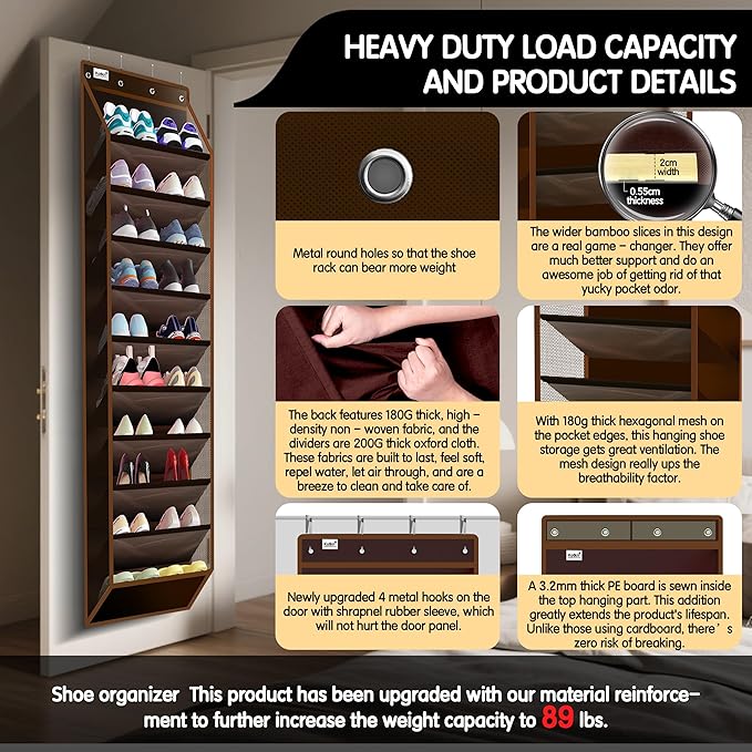 10 Tier Hanging Shoe Rack - Heavy Duty Behind The Door Hanging Shoe Rack, Sturdy Oxford Cloth, 20+ Pairs Over The Door Shoe Cabinet for Boots and Sneakers - Save 50% Closet Space! (Dark Curry)