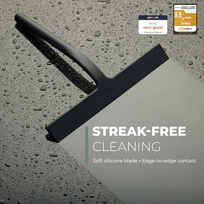 GÜTEWERK Silicone Shower Squeegee for Glass Doors & Mirrors with Stainless Steel Core, Streak-Free & No-Squeak Window Cleaning, 3-in-1 No-Drill Mount (Hook/Suction/Adhesive), Black, 9''