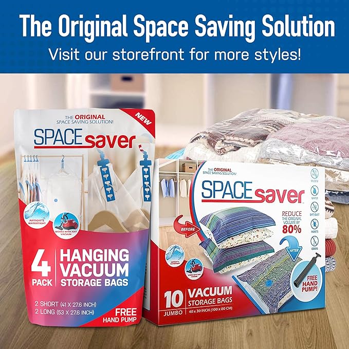 Spacesaver 4 Pack Medium Vacuum Storage Bags for Clothes - 28 x 20-Inch Vacuum Sealer Compression Bags with Hand Pump - Space Saver Storage Bag for Travel Essentials, Garments and Organization