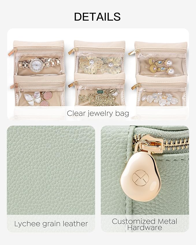 Vlando Jewelry Travel Case,Travel Jewelry Organizer with Clear Velvet Jewelry Bags Storage Zipper Pockets, Girls Women Gift Ideas for Wedding Party Thanksgiving Christmas-Light Green