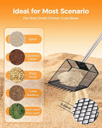 Upgraded Chicken Poop Scooper & Rake 2-in-1,Coop Cleaning Tool Metal Scoop,0.25" fine mesh Sand Sifting Shovel with 35" to 62" Adjustable Stainless Steel Handle for Chicken Coops & Farm Animals Scoop