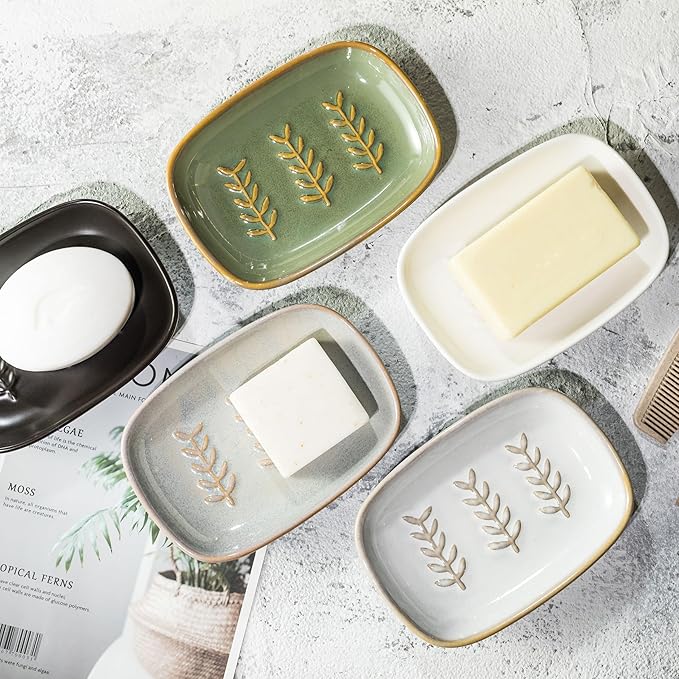 Ceramic Soap Dish Soap Holder, Soap Lift for Bar Soap Sponge, Shower Soap Dishes for Bathroom Kitchen Counter Soap Saver Tray Keep Dry, Dishwasher Safe