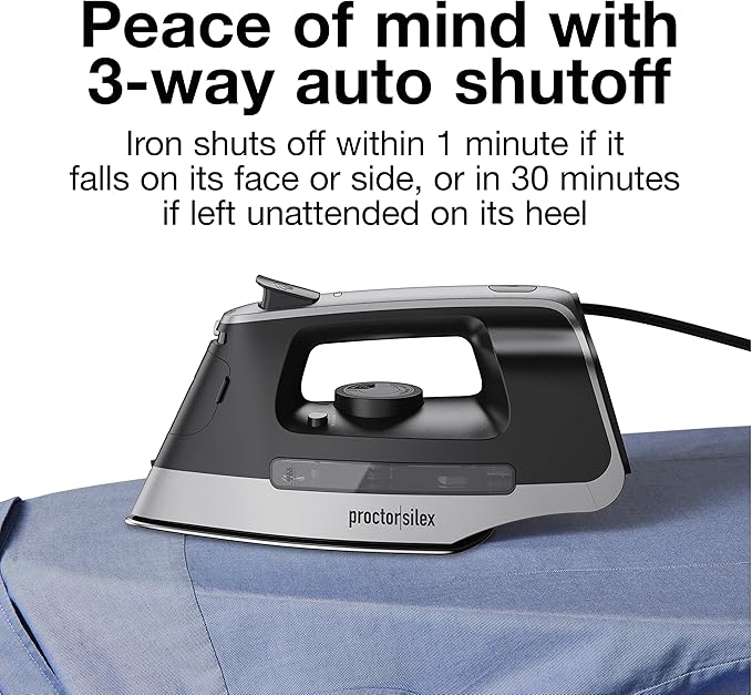 Proctor Silex Steam Iron for Clothes with Durable Stainless Steel Soleplate, 1500 Watts, 8’ Retractable Cord, 3-Way Auto Shutoff, Anti-Drip, Gray and Black (14250)