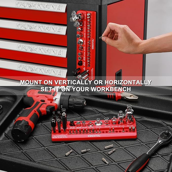 EMENTOL Magnetic Socket Accessory Holder, Red, 35 Pieces Holes, Organize Adapters, Universal Joints and Bits