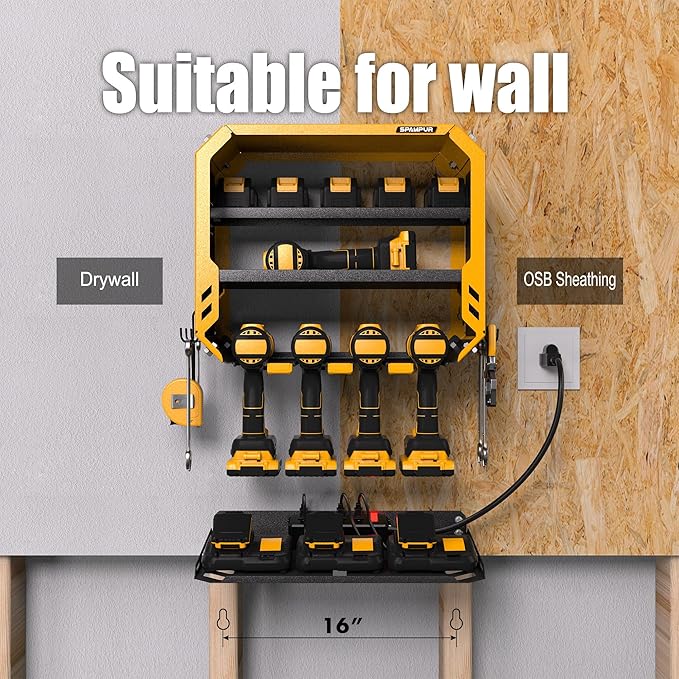 Tool Organzier Storage Wall Mount, Tool Shelves Drill Holder for Men, Metal Sturdy Steel Rack Saves Space in Workshop/Garage Organizes Power Tools, Screwdrivers, Gadgets, Floating Shelving