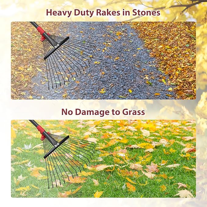 76 Inch Rake for Leaves, Adjustable 18 Metal Tines with Expandable Head Garden Rakes for Lawns Heavy Duty Metal Rake for Leaves Yard Gardening Grass Outdoor Debris