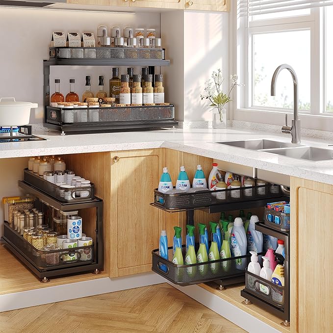 2-Pack 21.3 IN Depth Under Sink Organizer With Next-Gen Ball-Bearing Slides,Sophisticated Mesh 2-Tier Pull Out Shelf for Kitchen & Bathroom,Fits Small Items-Black