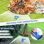 Heavy Duty Garden Leaf Rake-Adjustable Metal Rake with 8-17" Expandable Head,Yard Rakes for Leaves,Grass,Lawns,Shrubs,Flower Beds,Camping,Outdoor Cleanup,Ideal for Women & Kids