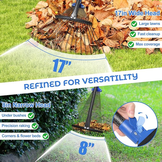 Heavy Duty Garden Leaf Rake-Adjustable Metal Rake with 8-17" Expandable Head,Yard Rakes for Leaves,Grass,Lawns,Shrubs,Flower Beds,Camping,Outdoor Cleanup,Ideal for Women & Kids