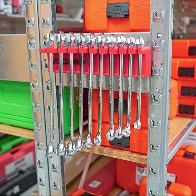 OEMTOOLS 22514 Magnetic Wrench Holder and Tool Organizer, Magnet Holds Up To 10 Wrenches To Most Metal Surfaces, SAE and Metric, 9.25 Inch Magnetic Tool Holder For Shop Or Garage, Red