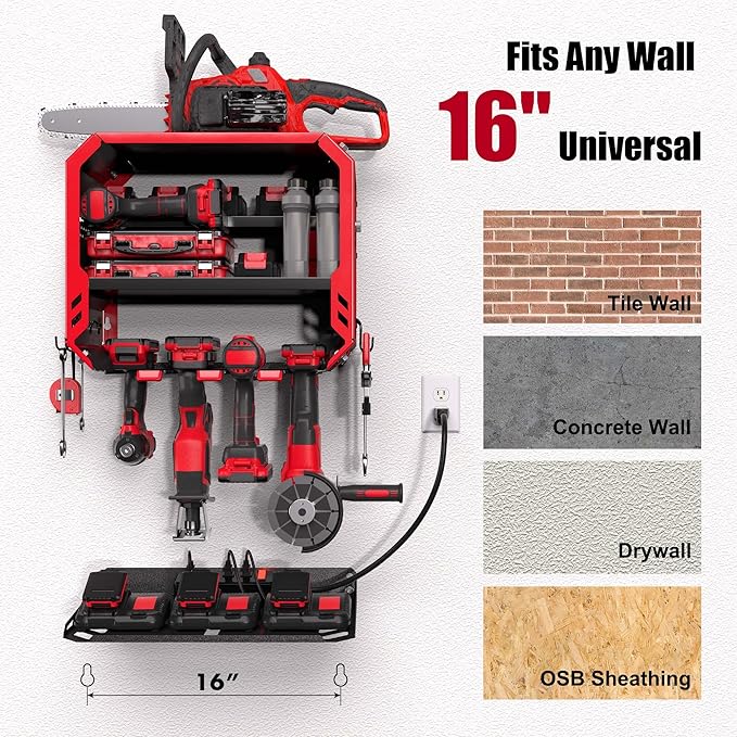 Power Tool Organizer Wall Mount with Charging Station, 3 Layer Heavy Duty Metal Tool Storage Rack Loads 420lbs with 4 Cordless Drill Holder, Battery Utility Rack Loads with 4 Power Strip