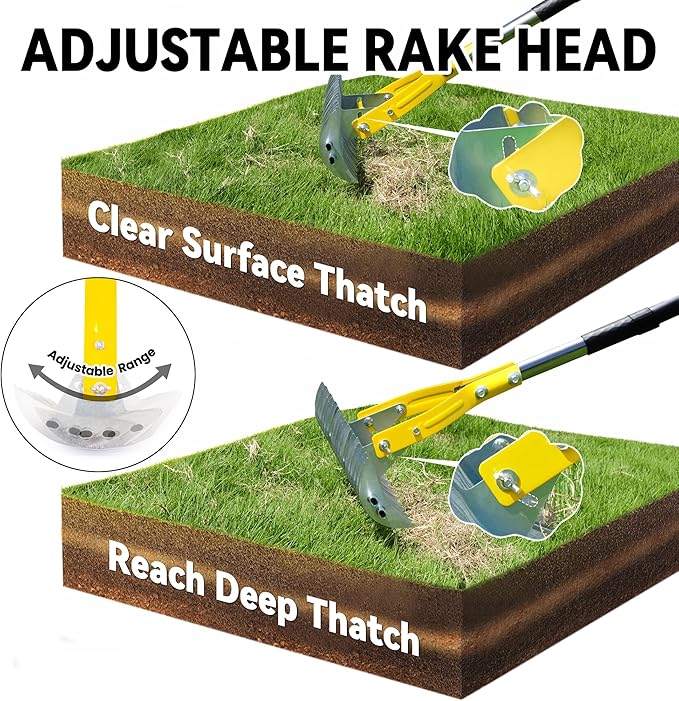 Thatch Rake for Lawn with 74inch Handle, 15 inch Dethatcher Rake for Grass to Cleaning Dead Grass, Efficient Steel Metal Rake for Dethatching, Heavy Duty Thatching Rakes for Garden, Yard