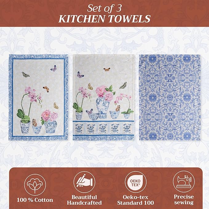 Maison d' Hermine Kitchen Towels Set of 3 100% Cotton 27.50" x 20" Reusable Cloth Tea Dish Towels Absorbent with Hanging Loop for Kitchen, Home, Dining, Cocktail Parties Spring/Summer (Canton)