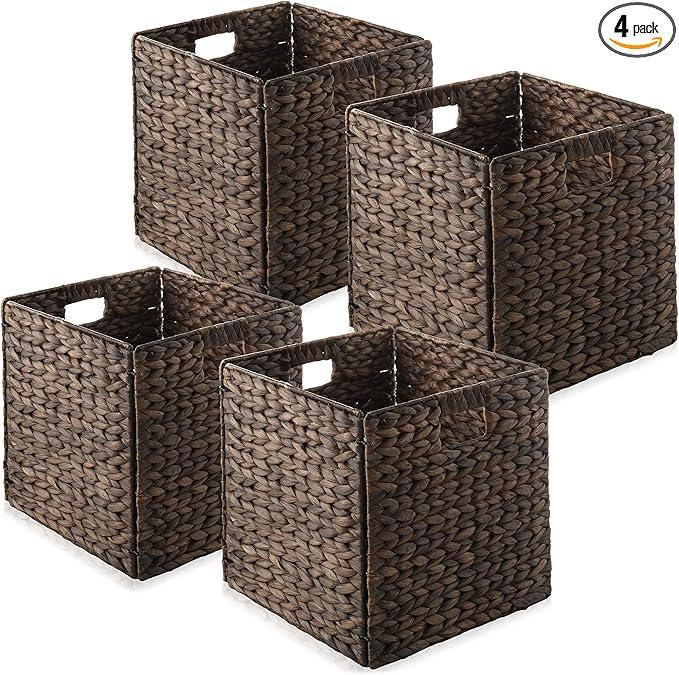Casafield 12" x 12" Water Hyacinth Storage Baskets, Espresso - Set of 4 Collapsible Cube Organizers, Woven Bins for Bathroom, Bedroom, Laundry, Pantry, Shelves