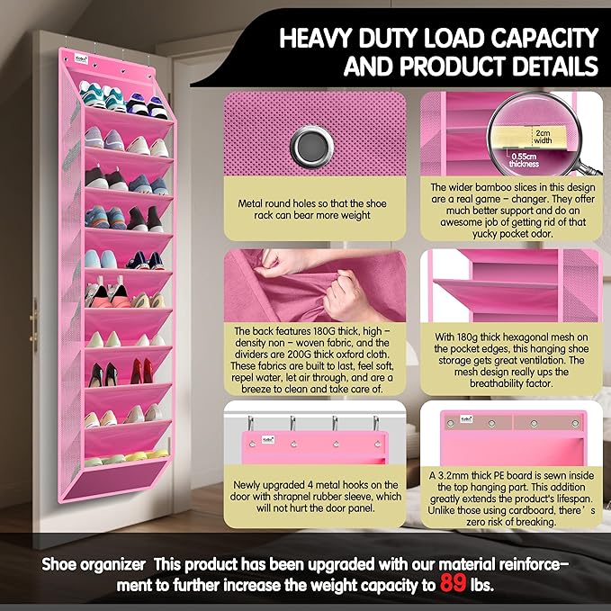 10 Tier Hanging Shoe Rack - Heavy Duty Behind The Door Hanging Shoe Rack, Sturdy Oxford Cloth, 20+ Pairs Over The Door Shoe Cabinet for Boots and Sneakers - Save 50% Closet Space! (Pink)