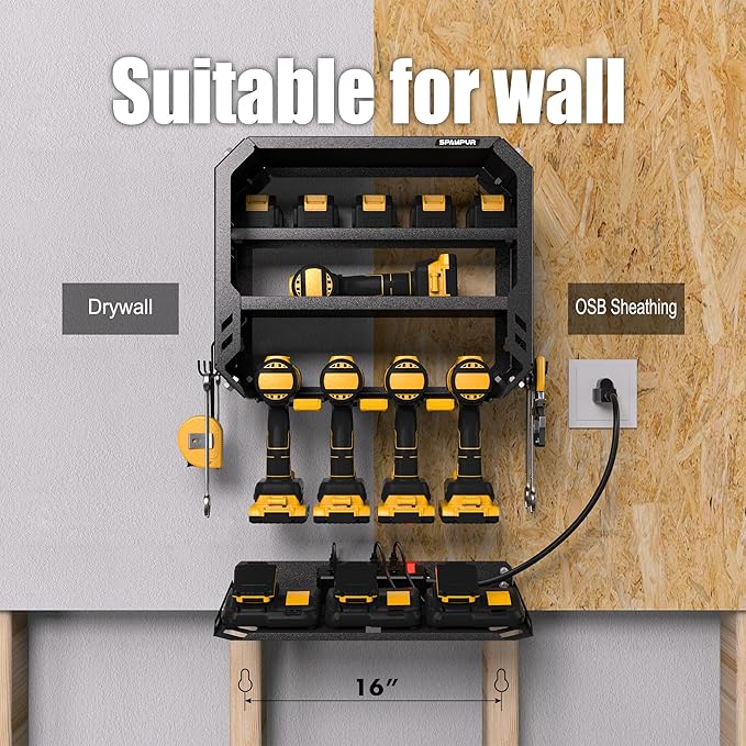 Power Tool Organizer Wall Mount with 4 Power Outlets & Charging Station &420lbs Capacity, Tool Battery storage, Metal Heavy Duty Wall Mounted Drill Holder for Garage Workshop, Men Gifts