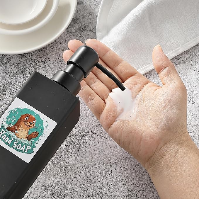 Soap Dispenser Bathroom, JINLIFA 12oz Black Glass Refillable Liquid Hand Dish Soap Dispenser (5 Labels)