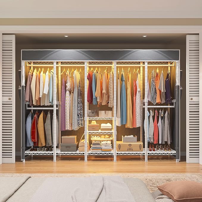 Raybee 90.6" W Clothes Rack with Cover Heavy Duty Clothing Racks for Hanging Clothes Extra Wide Portable Closet Loads 1200LBS Freestanding Garment Rack for Bedroom, White