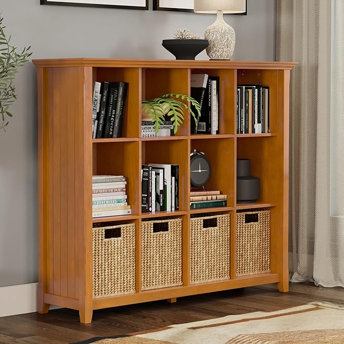 SIMPLIHOME Acadian Bookcase - 57 inch Tall 12-Cube Solid Wood Storage Display Unit in Light Golden Brown, Transitional Cube Organizer for Living Room or Office with Fixed Shelves and Tapered Legs