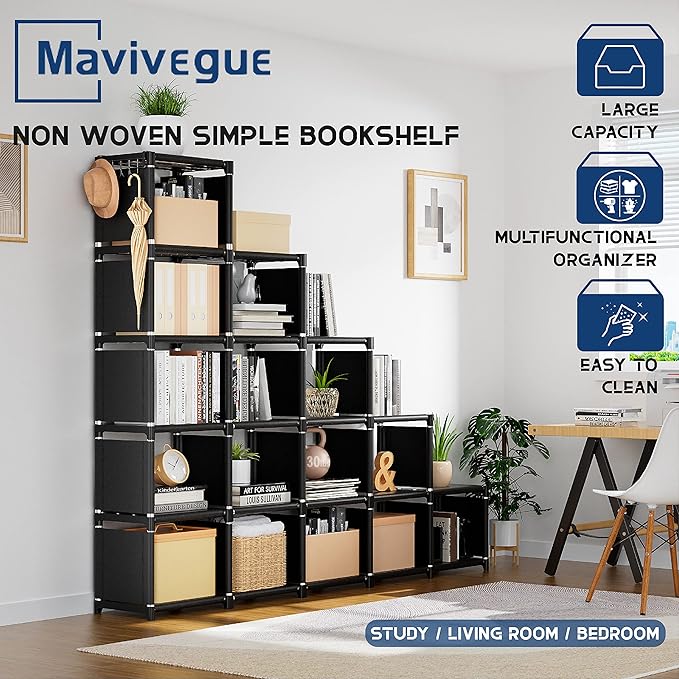 Mavivegue Bookshelf,16 Cube Storage Organizer,Book Shelf Organizer,Tall Bookcase,Black Cube Shelf Cubbies Closet Storage Shelves for Bedroom,Living Room,Home,Office, 16-Grid