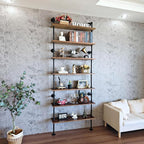 7 Tier Industrial Ladder Shelf Bookcase, Wall Mounted Rustic Bookshelf for Living Room Decor and Storage (Walnut Color, 7 Tier - 10" D x 36" W x 95.5" H)