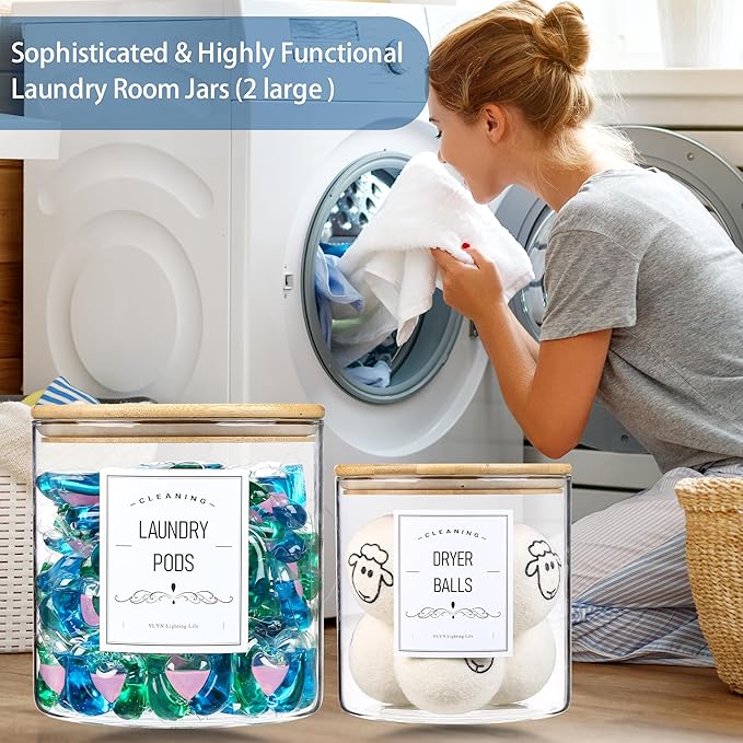 2 Pack Laundry Room Organization Glass Jars- Laundry Pods Container With Airtight Bamboo Lid- Dishwasher Pods Container. Laundry Jars For Detergent Powder, Dryer Balls,Scent Boosters(0.5+0.8Gallon)