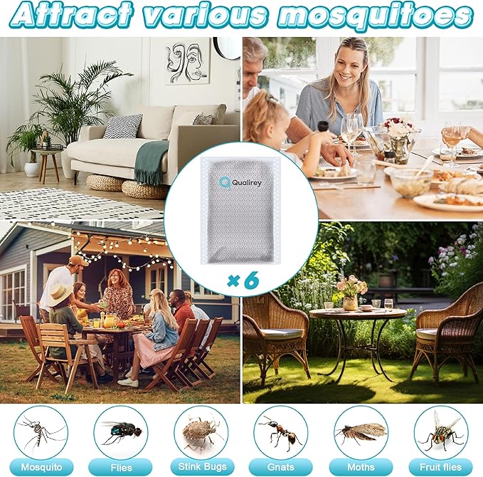 Qualirey 6 Pack Mosquito Attractant in Bulk, Lure for Bug Zapper Bait Refill Compatible with All Mosquito Trap Enhances Catch Rates for Indoor Outdoor Traps, Safe and Long Lasting