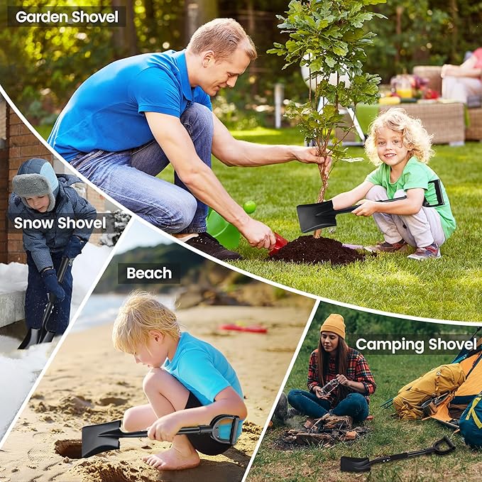Garden Shovels for Digging, Small Flat Spade Beach Shovel with D-Handle 31 inch, Metal Square Folding Hand Sand Survival Camping Adult Kids Shovel