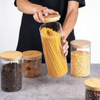 YUNCANG Glass Storage Jars [Set of 5],Clear Glass Food Storage Containers with Airtight Bamboo Lid Stackable Kitchen Canisters for Candy,Cookie,Rice,Sugar,Flour,Pasta,Nuts and Spice Jars(Square)