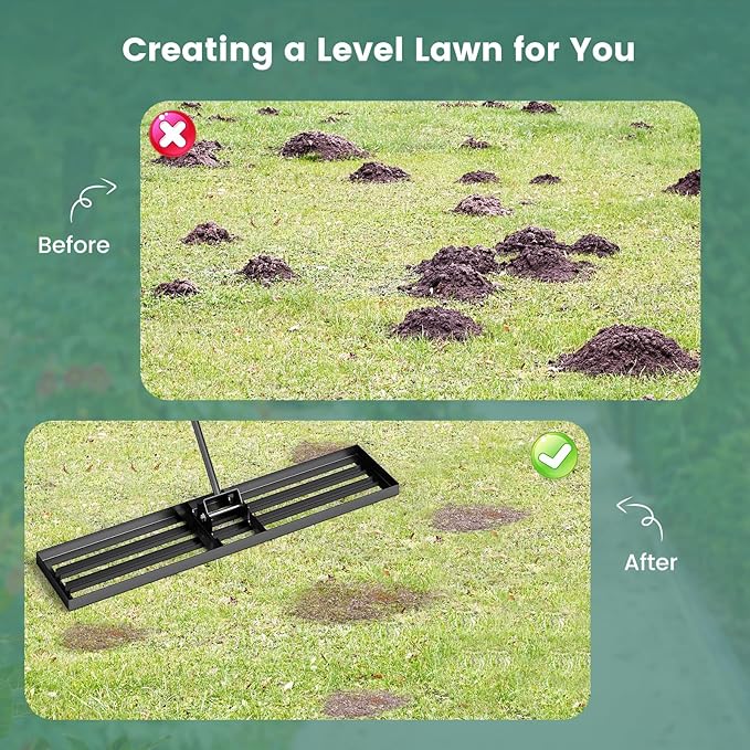Goplus Lawn Leveling Rake, 46" x 10" Heavy Duty Level Lawn Tool w/ Ergonomic Handle for Soil, Effort-Saving Landscape Rake for Garden, Backyard, Golf Course, Farm, Pasture, Black