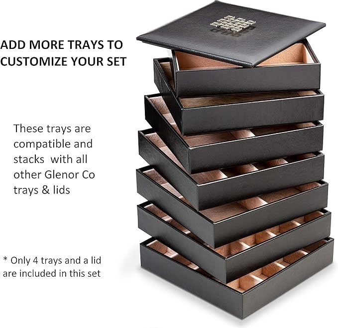 Earring Organizer Tray - 4 Stackable Trays with Lid -45 Slot Classic Jewelry Storage Display Case for Drawer or Dresser - Holder for Earring Ring or Necklace - Large Mirror - Black