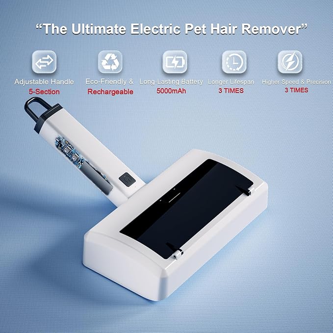 Electric Pet Hair Remover for Dogs & Cats, Rechargeable Lint Roller with Adjustable Handle, Portable Hair Cleaner for Sofa, Carpet, Bed, Car, Multi-Surface Fur Removal Tool (White, Electric)