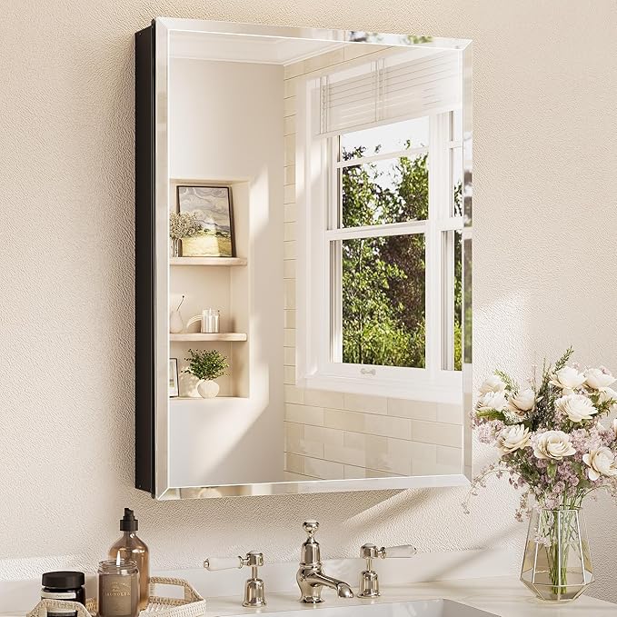 TETOTE 24 x 32 Medicine Cabinet with Mirror with Tempered Beveled Mirror Black Medicine Cabinet Aluminum Cabinet DTC Hinges, Stepless Adjustable Shelves, Recessed/Surface-Mounted