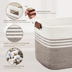 45L Small Laundry Basket with Leather Handles for Living Room Storage, Woven Rope Baskets Bin for Blanket, Kids Toy, Gifts, Wicker Hamper for Bedroom Dirty Clothes, 18"x14"x11" Dark Brown