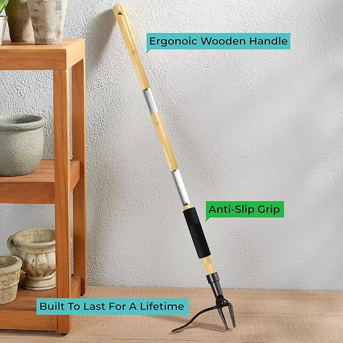 Weed Puller Tool, Stand Up Heavy Duty Weed Remover with Long Bamboo Handle, 4 Claw Steel Head Garden Weeding Tool, Crabgrass & Root Puller for Easy Lawn Weed Removal Without Bending or Kneeling.