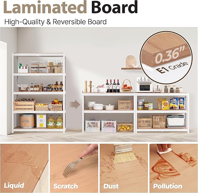 HOMEDANT House Lift-Beam White 48" Wide Boltless Heavy Duty Garage Storage Shelving Adjustable 5-Tier Metal Shelves Laminated Organization Shelf Industrial Utility Rack Pantry Shed Office Store 2Pack