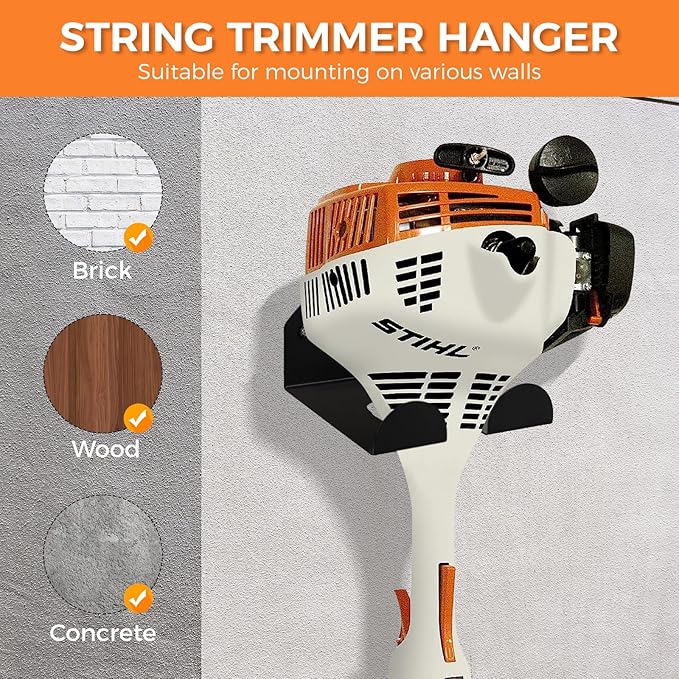 Weedeater Rack, 1 Pack Weed Eater Hanger, Weed Eater Rack for Wall, Heavy Duty Garden Tool Garage Organizer Trimmer Holder, Chainsaw Hanger Wall Mount(Orange)