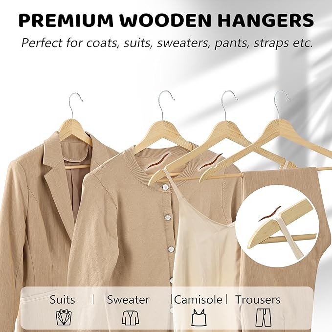 Edergoo Wooden Hangers 30 Pack, Durable Wood Hangers with 360° Swivel Hook & Notches, Slim Coat Hanger Wooden for Closet, Smooth Wood Clothes Hanger with Pant Bar, Natural