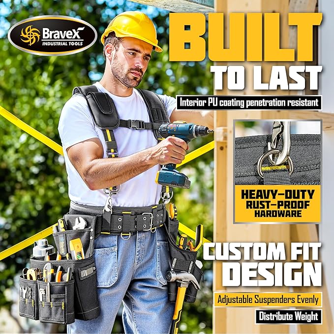 Tool Belt Suspenders, Professional Tool Belt Organizer With Suspenders and 20 Pockets, Heavy Duty Carpenter Suspension Rig For Framers Carpenter Electrician 1200D Ballistic Nylon