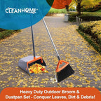 Heavy Duty Outdoor Broom and Dustpan Set with Long Handle, Standing Dustpan & Split-End Bristles for Patio, Garage, Deck, Leaves Debris Cleaning