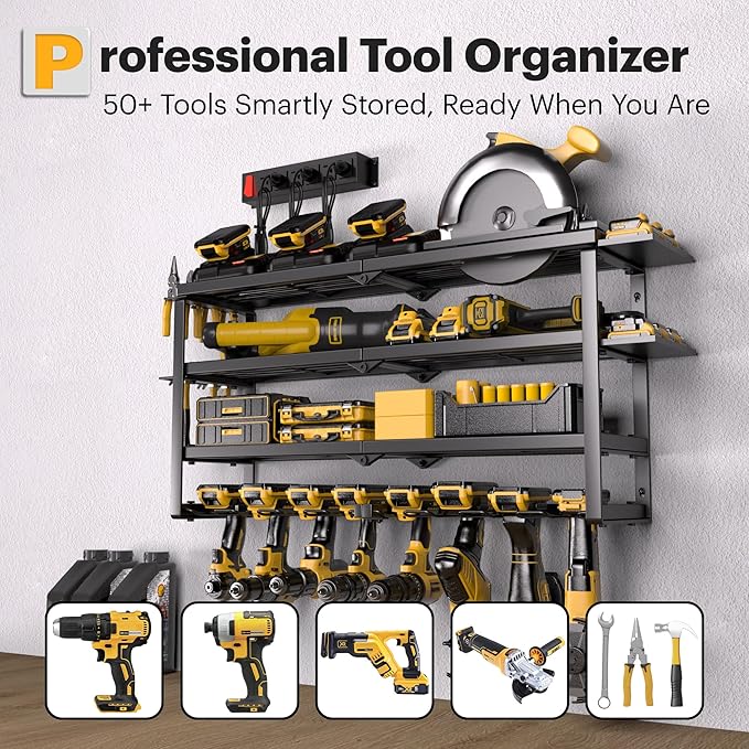 Power Tool Organizer, Quick Assembly & Max 420lb Load With 6 Outlet Power Strip, 4 shelves 8 Slots for Cordless Drill Holder Wall mount in Garage/Workshop/Pegboard Suitable for Birthday Gift