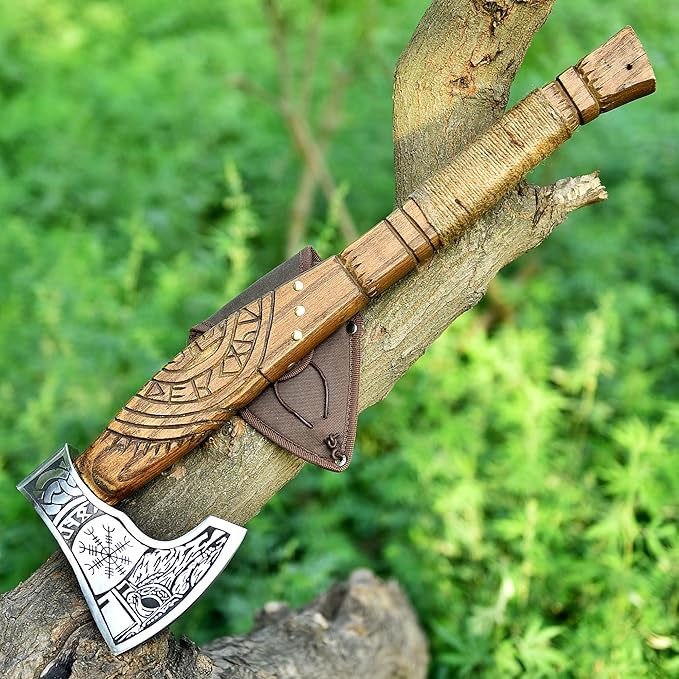 Pair of Viking Axes – Forged High Carbon Steel Norse Bearded Axes | Balanced Throwing Hatchets | Handcrafted Ash Wood Shaft | Sheaths Included | Odin Style Gifts for Men