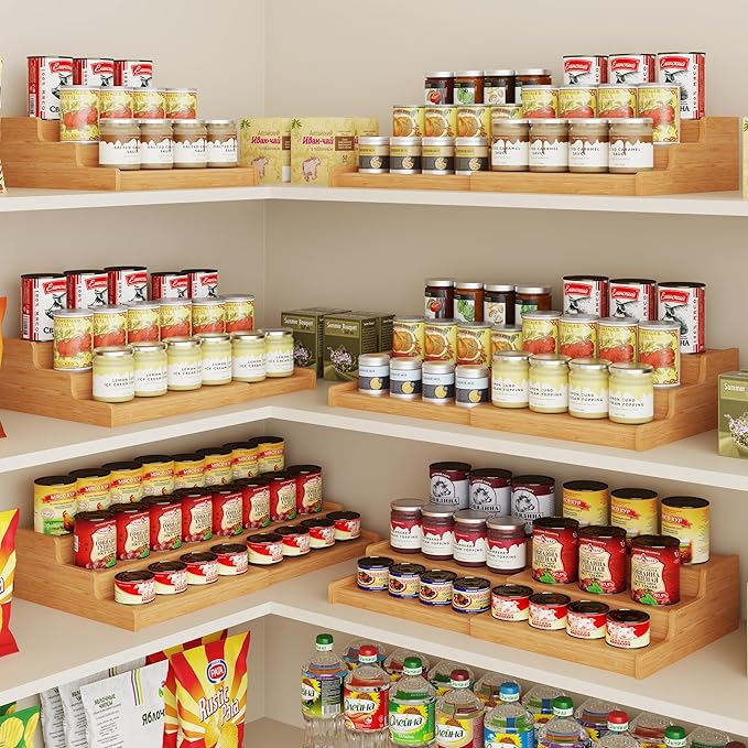 Expandable Bamboo Can Rack Organizer for Pantry, 3-Tier Adjustable Can Storage Holder, Soda Organizer Holds Up to 24 Cans, Canned goods Storage Display for Pantry, Cabinet, Countertop (patent pending)
