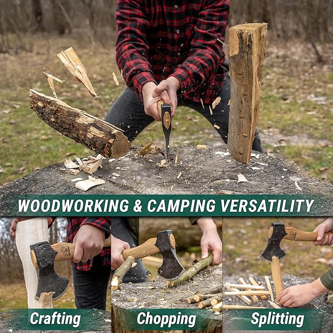 BeaverCraft Bushcraft Hatchet with Sheath for Camping AX3 - Small Wood Carving Axe - Forged Axes for Chopping - Forest Backpacking Hatchet with Wooden Handle - Firewood Splitting Axe, Gardening Axes