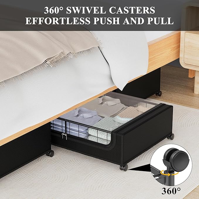 Under Bed Storage with Wheels and Cover, 360° Rolling Under Bed Metal Drawers for Clothes, Blankets, Books and Shoes,Black