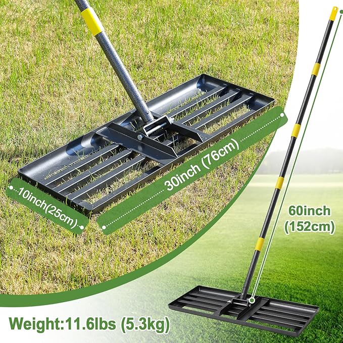 Lawn Leveling Rake, 30 Inch Heavy Duty Lawn Leveler with Adjustable Handle, Yard Soil Grass Dirt Leveling Rake Ground Level Tool (5FT)