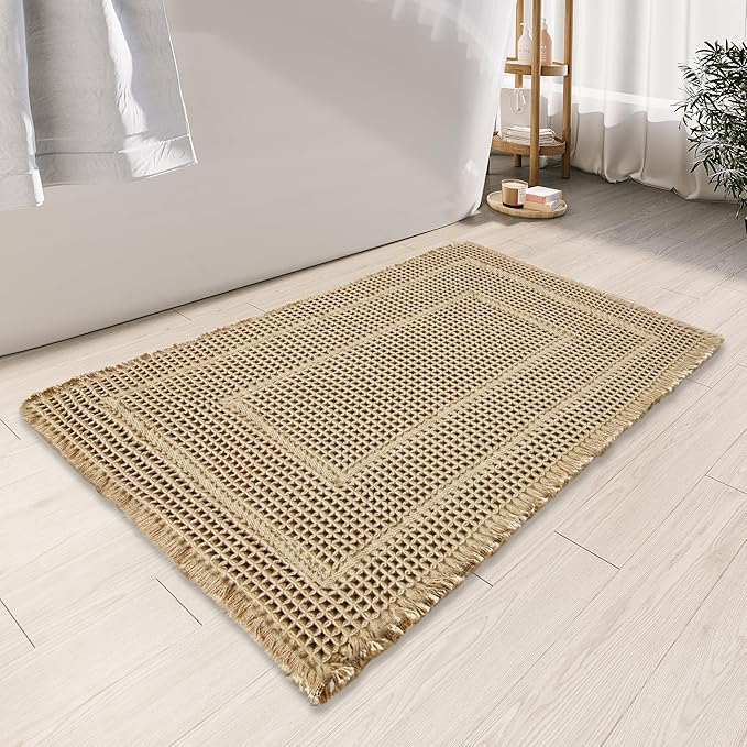 Bathroom Decor - Upgraded Waffle Bath Mat, Super Absorbent Non Slip Bath Carpet, Machine Washable, Quick Dry, Ultra Soft Brown 24" x 36"