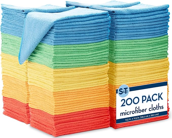 S&T INC. 200 Pack Microfiber Cleaning Cloth, Bulk Towels for Home, Reusable Microfiber Towels for Cars, Cleaning Rags, Assorted, 11.5 Inches x 11.5 Inches, 200 Count